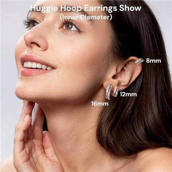 Silver Cubic Zirconia Huggie Hoop Earrings – Textured Stud & Sparkle Design - Picture 3 of 5